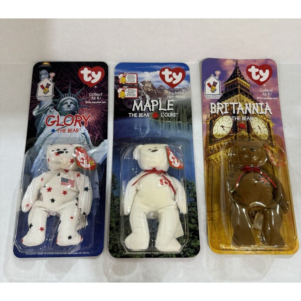 TY BEANIE BABIES MCDONALDS INTERNATIONAL BEARS GLORY, MAPLE, BRITANNIA $10 EACH